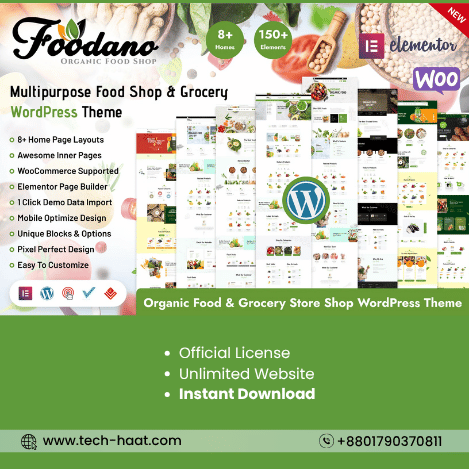 Foodano – Natural Food Shop WordPress Theme for organic grocery, farm produce, supermarket & food delivery. Elementor-ready, WooCommerce-powered, and mobile-optimized for fast, smooth shopping.