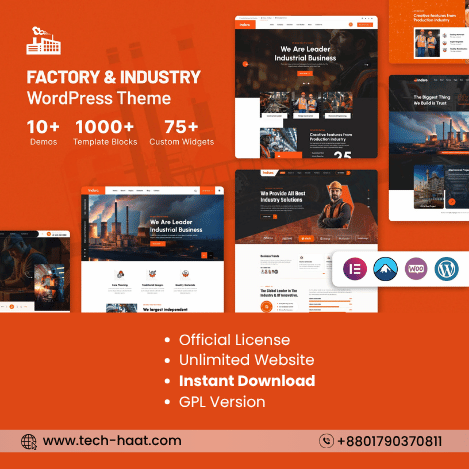 Download Indsro – Factory & Industry WordPress Theme with 10+ demos and 80+ Elementor widgets. Fully responsive, multilingual, and optimized for Bangladesh. Pay via bKash, Rocket, Nagad.
