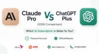 Home Claude Pro vs ChatGPT Plus comparison in Bangladesh 2026 showing writing quality, coding, document analysis, image generation, pricing, and AI subscription features